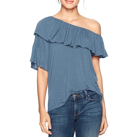 PAIGE Women's XS One Shoulder Ruffle Top Blue Short Sleeve Casual Blouse - Picture 1 of 8
